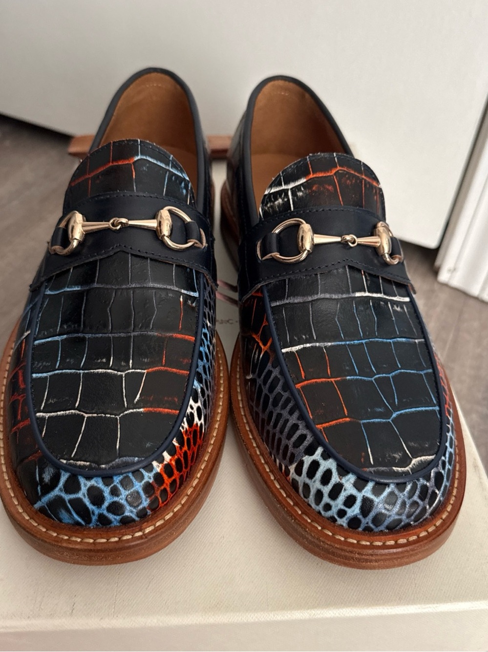 MARC NOLAN Boardwalk Navy Blue croc Horse-bit Slip On Loafers